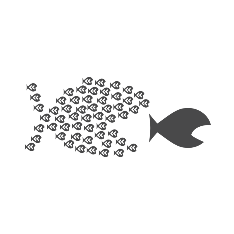 The logo of Stroomversnellers: a small fish being eaten by a group of smaller fish that together form a big fish.