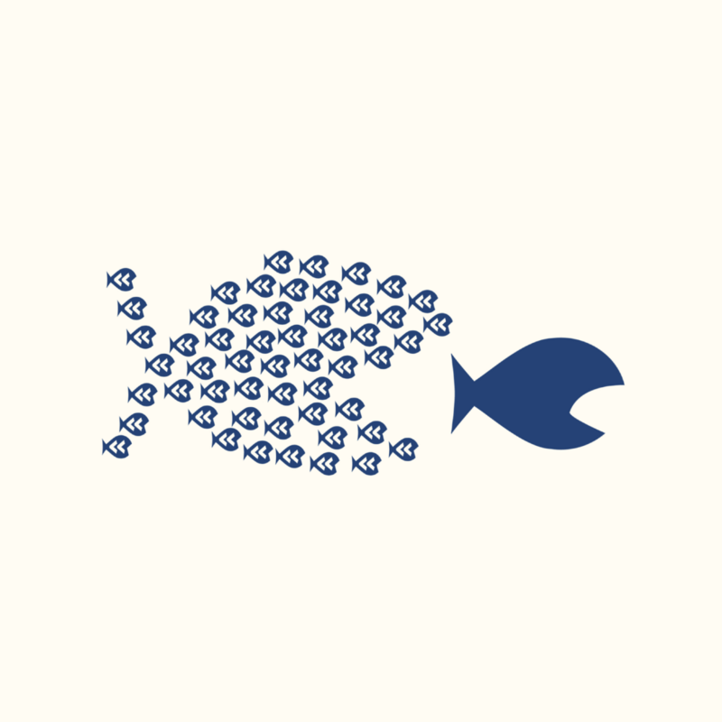 The logo of Stroomversnellers: a small fish being eaten by a group of smaller fish that together form a big fish.